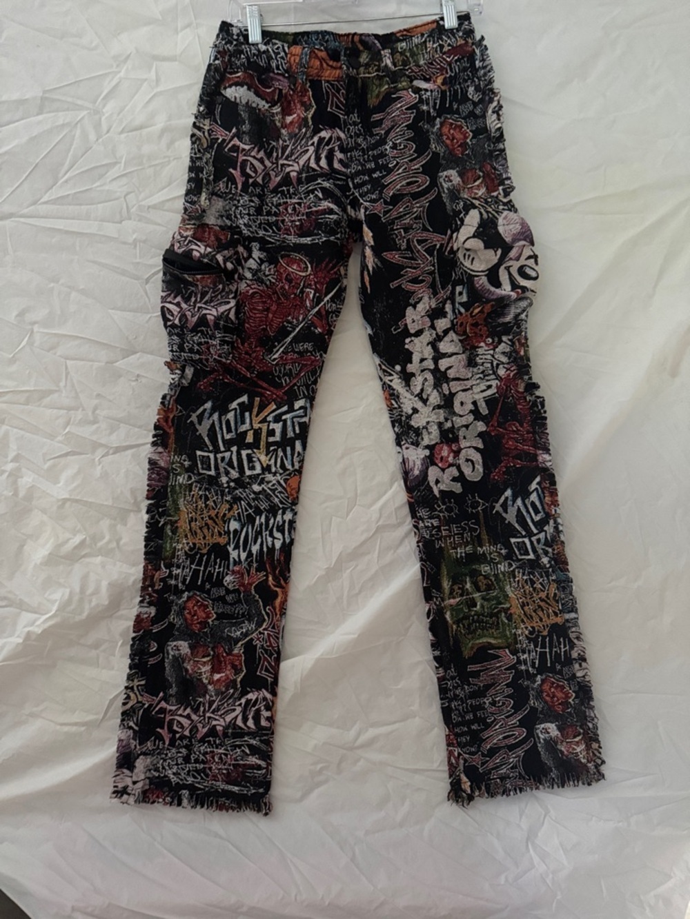 Graffiti Grunge Rolling Stones Streetwear Black Tapestry Cargo Print Jeans